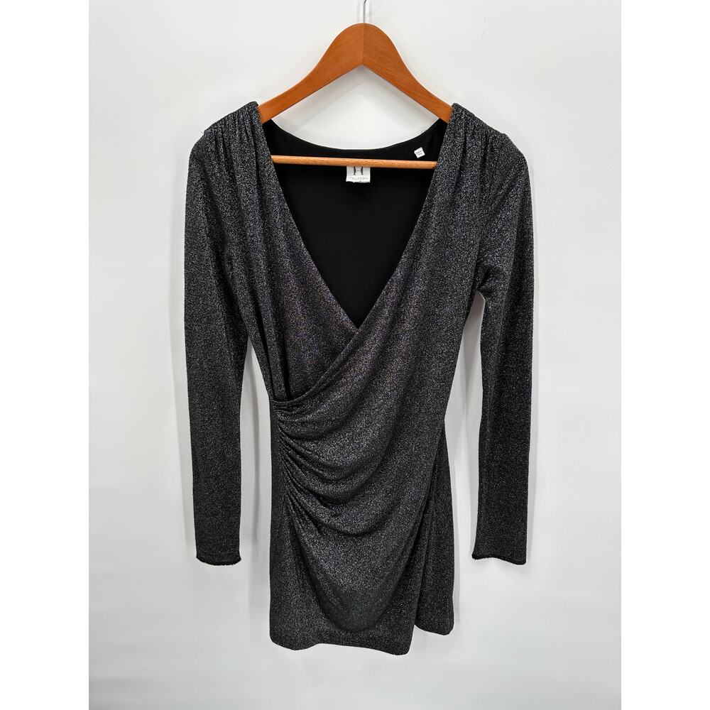 HALSTON HERITAGE Shimmer Faux Wrap V Neck Long Sleeve Bodycon Mini Dress // 4